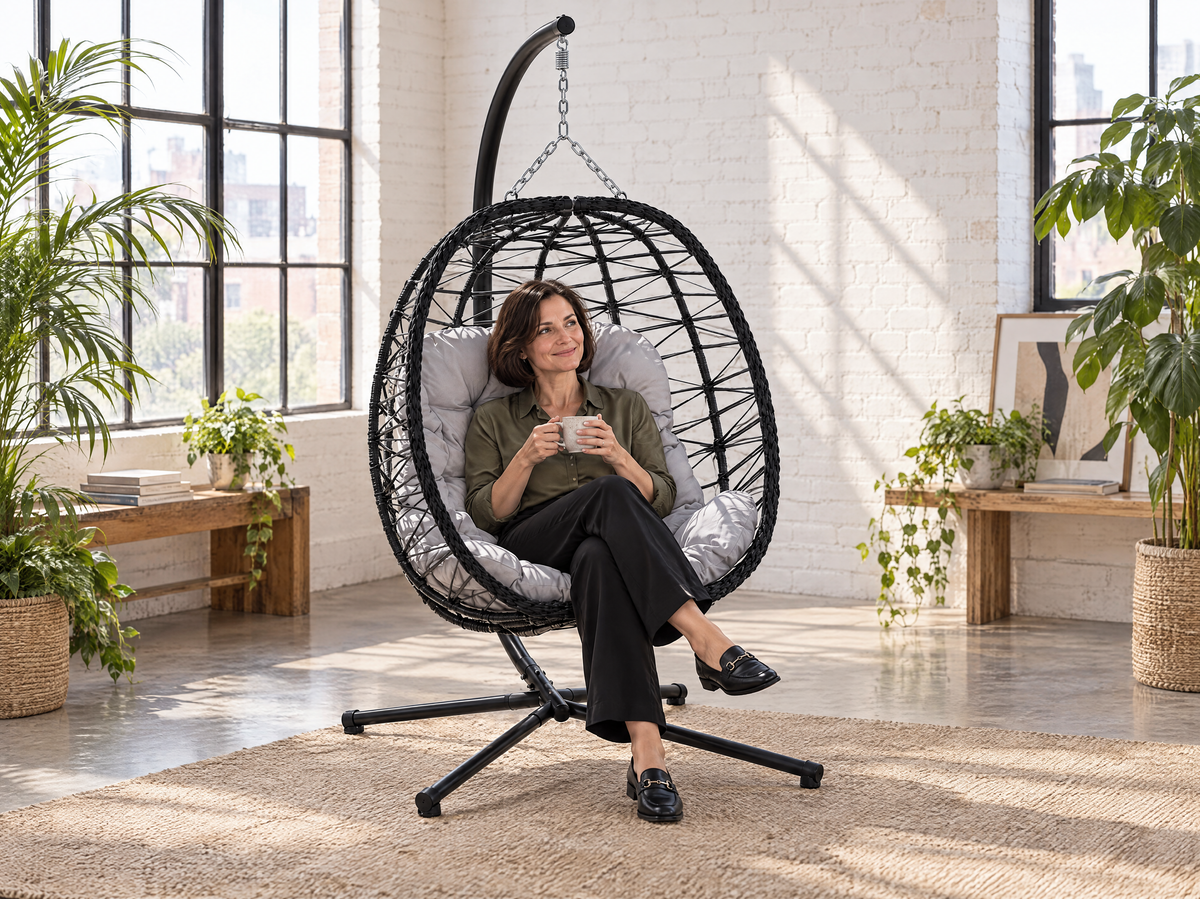 Femme avec une tasse dans le fauteuil suspendu Capri argent et noir, loft lumineux