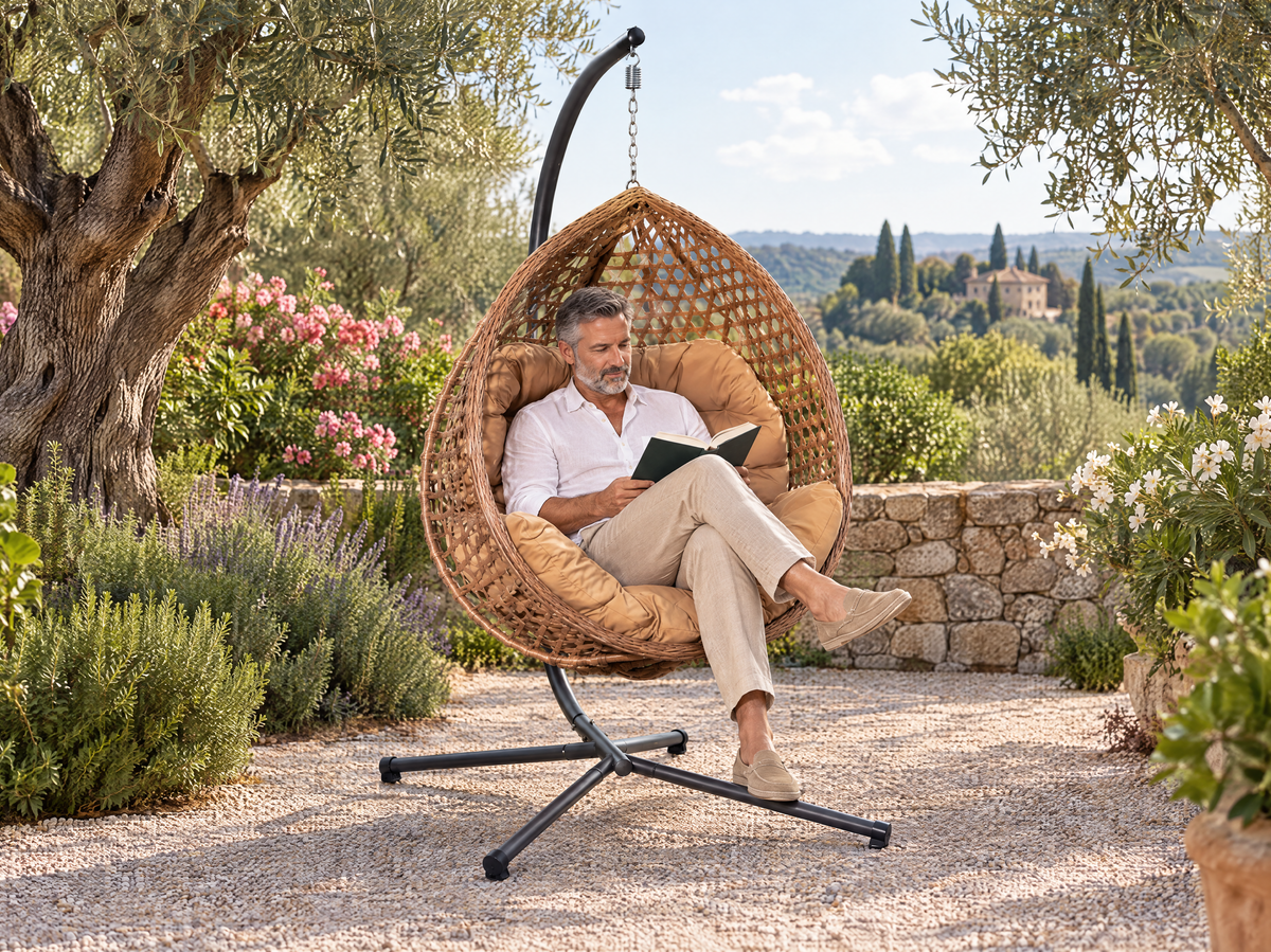 Homme lisant dans le fauteuil suspendu Phuket marron, jardin méditerranéen