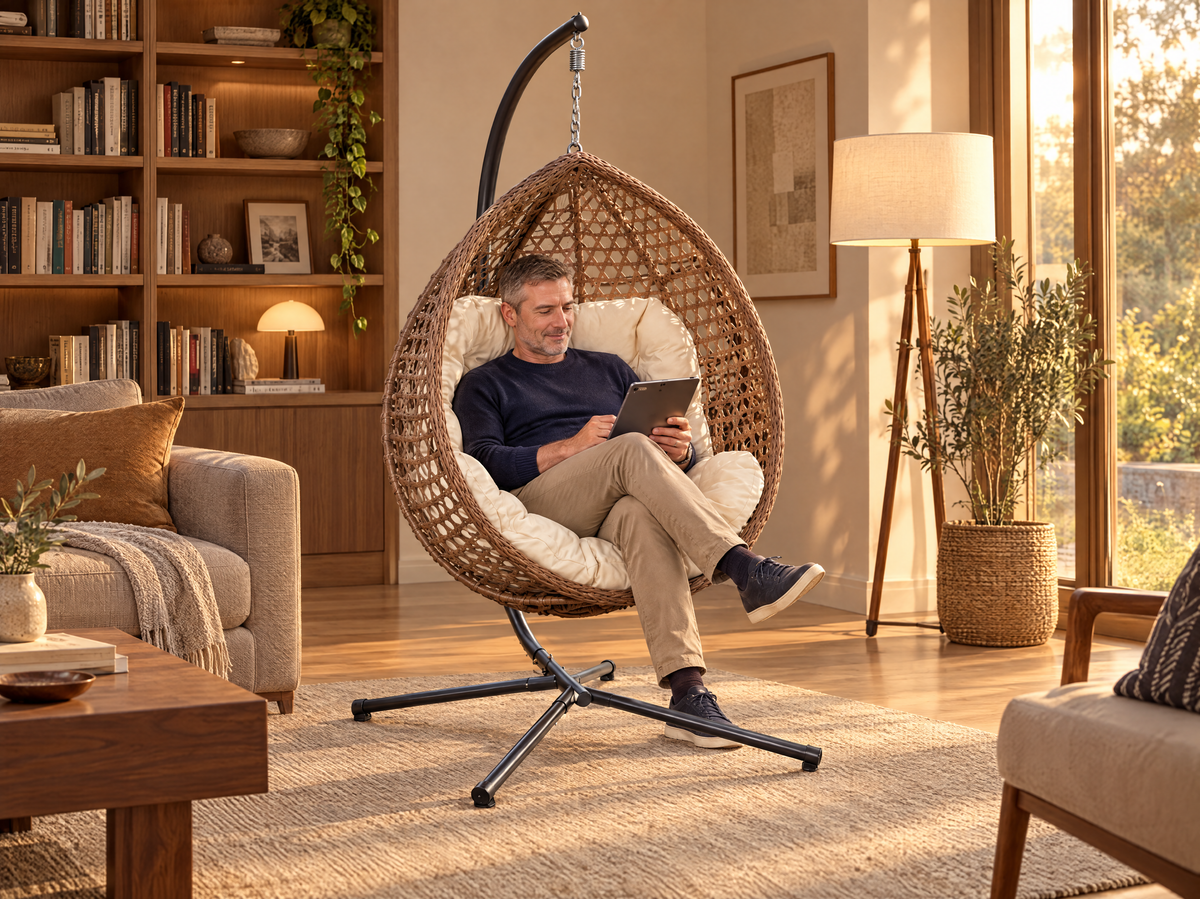 Homme consultant une tablette dans le fauteuil suspendu Phuket blanc crème et marron, salon chaleureux