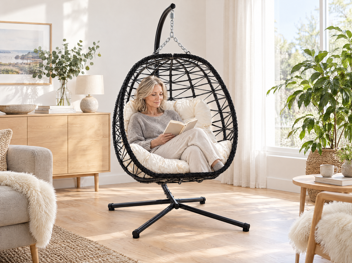 Femme lisant dans le fauteuil suspendu Capri blanc et noir, salon scandinave clair