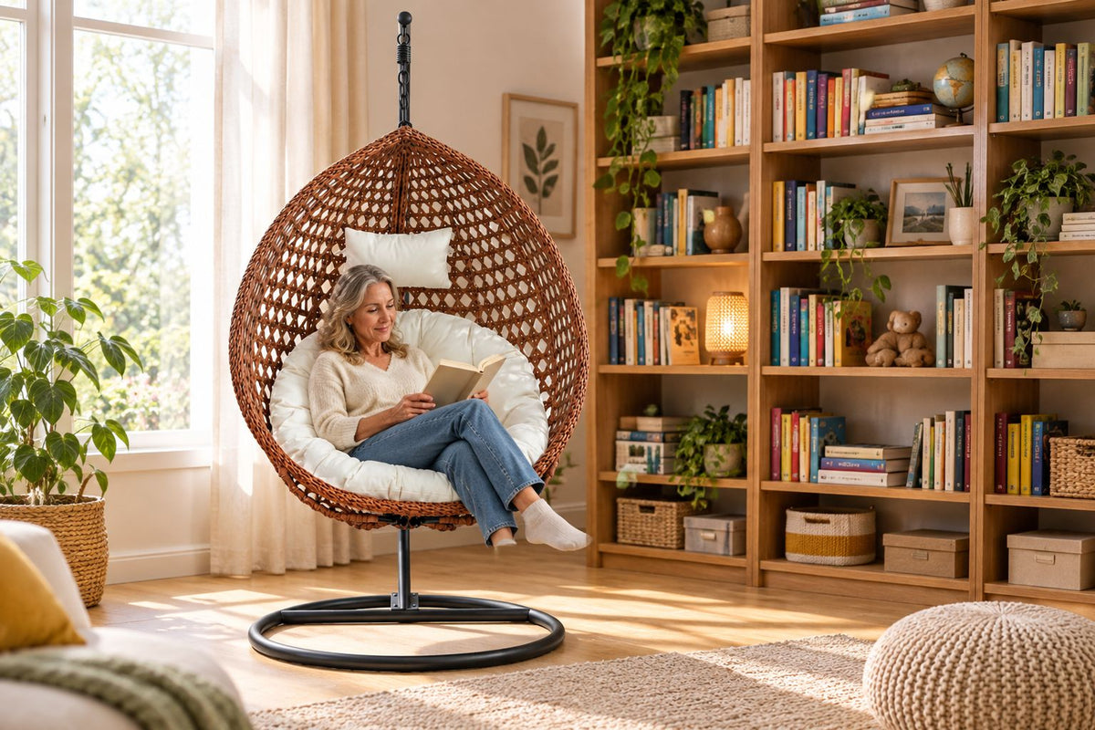 Une femme lit dans le Bali blanc crème et marron dans un salon chaleureux avec bibliothèque.