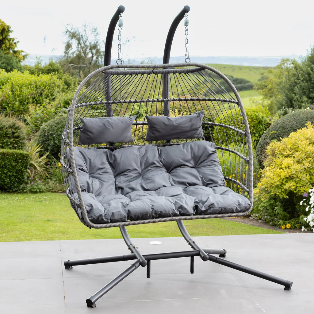 Fauteuil suspendu finition naturelle gris foncé et gris sur pied noir | Maldives My Store