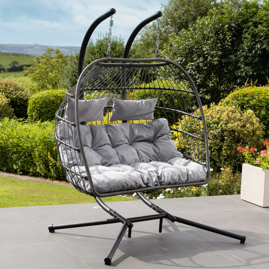 Fauteuil suspendu finition naturelle argent et gris sur pied noir | Maldives My Store