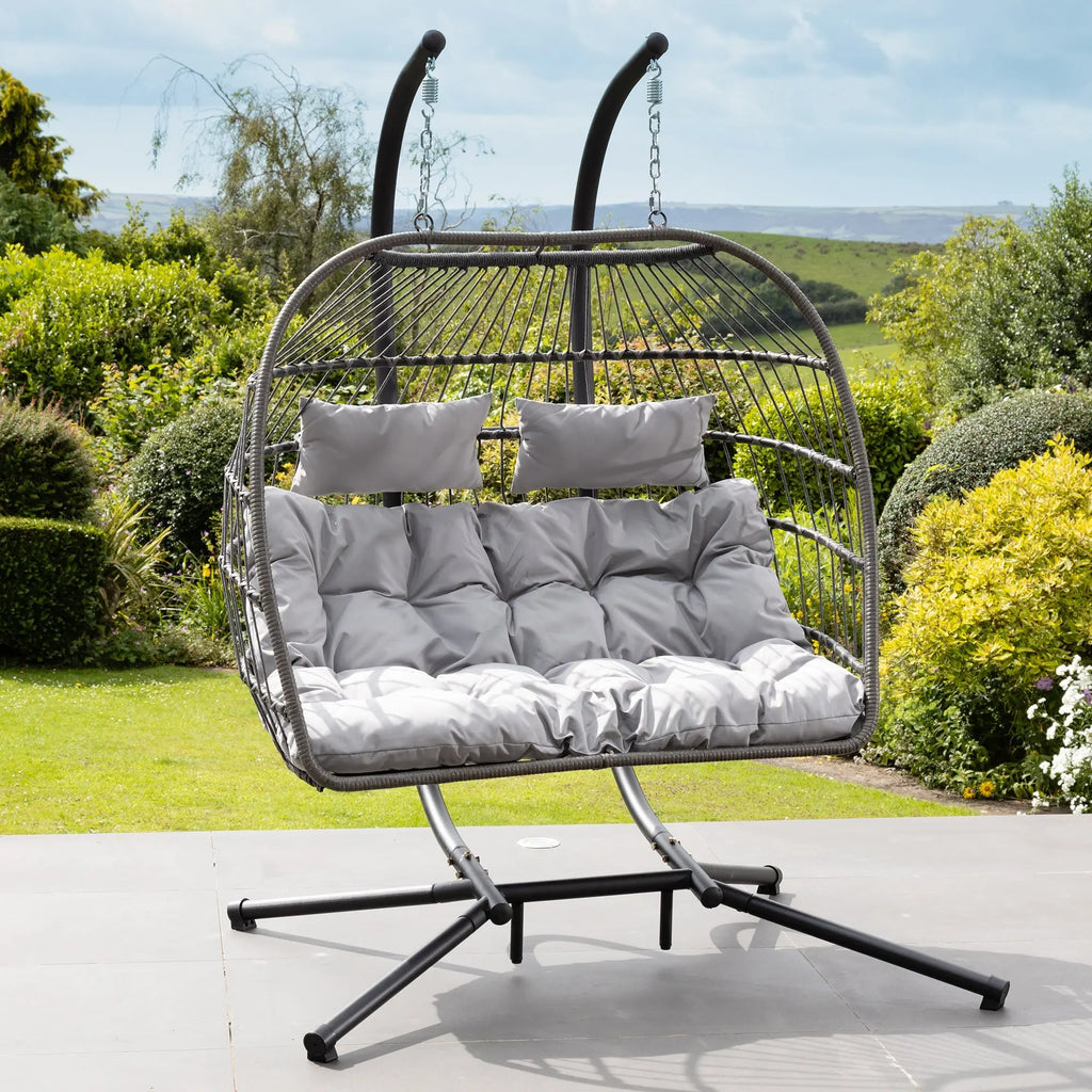 Fauteuil suspendu finition naturelle argent et gris sur pied noir | Maldives My Store