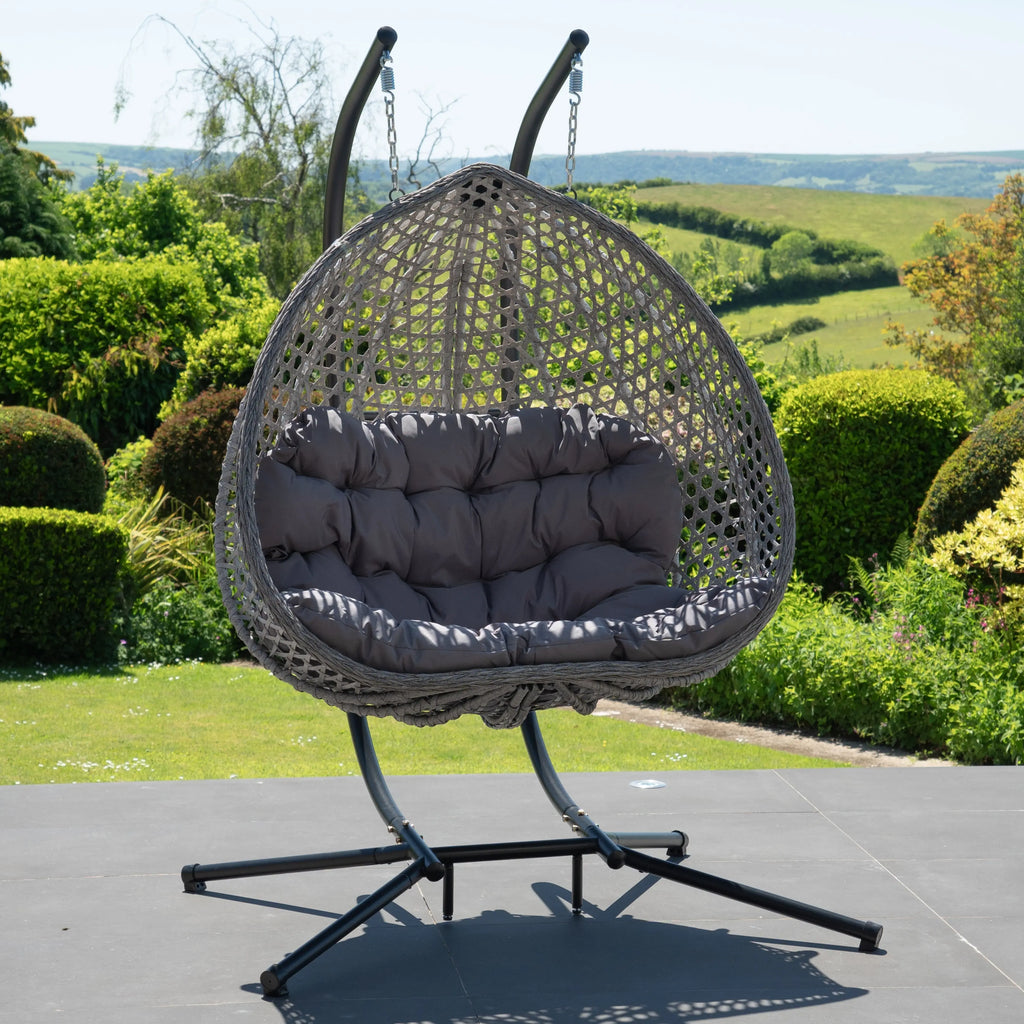 Fauteuil suspendu finition naturelle gris foncé et gris sur pied noir | Phuket My Store