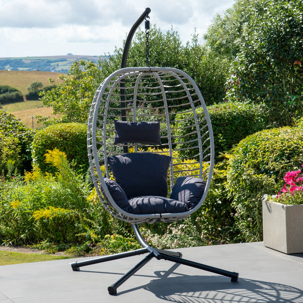 Fauteuil suspendu finition naturelle gris foncé et gris sur pied noir | Maldives My Store